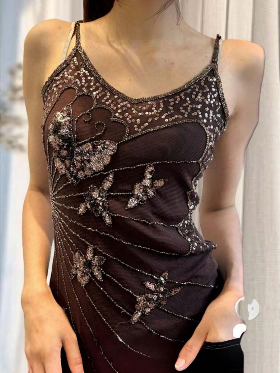 Women Y2k Fairy Sequin Butterfly Cami Tops Sleeveless Spaghetti Strap Mesh Sheer Crop Tank Tops See Through Camisole Summer Slim Fitted Shirt Vintage Aesthetic Clothes 2000S Streetwear - 咖啡棕 - 查看 1