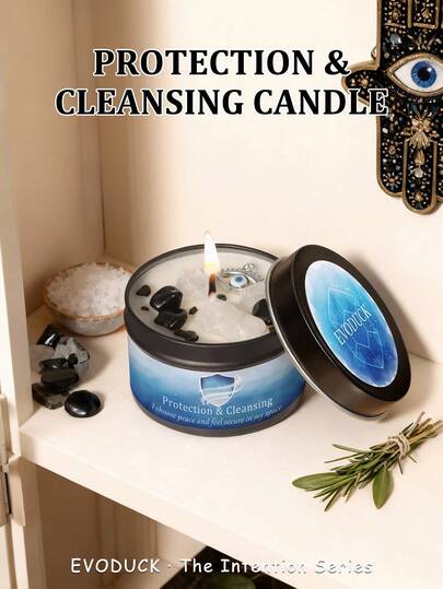 Candele profumate EVODUCK Legge dell'Attrazione Protezione Manifestazione | Salvia bianca e incenso 3oz Candela profumata in cera di soia con cristalli bianco e nero | Per decorazione natalizia o di Ognissanti | Perfetto come regalo di Natale o Ognissanti, con scheda guida