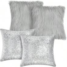 4 Pcs Sequin And Fluffy Pillow Covers Winter Throw Pillow Cases Soft Cushion Cover Couch Bed Sofa (18 X 18 Inch, Pink, White) - 銀灰 - 查看 1