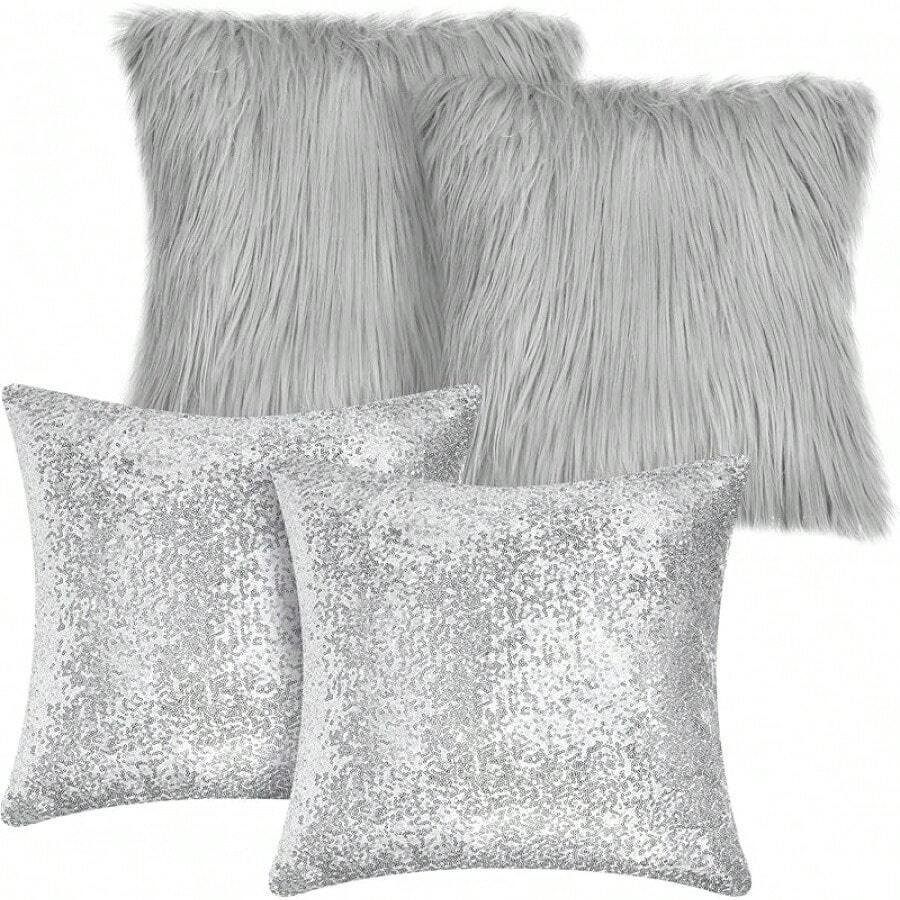 4 Pcs Sequin And Fluffy Pillow Covers Winter Throw Pillow Cases Soft Cushion Cover Couch Bed Sofa (18 X 18 Inch, Pink, White) - 銀灰 - 查看 1