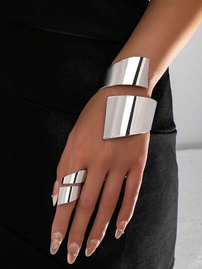 2 件套朋克风格夸张不对称几何宽开口戒指和手链套装，适合女性日常、派对、活动佩戴