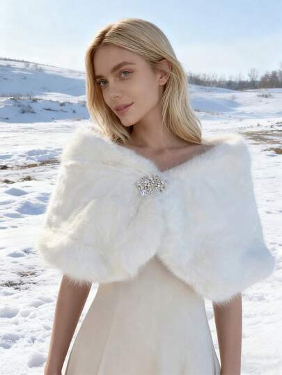 1pc White Faux Fur Rhinestone Button Shawl, Elegant Warm Accessory For Winter Bridal Gown/Dress, Luxurious For Icy Scenes, Daily Warm Wear