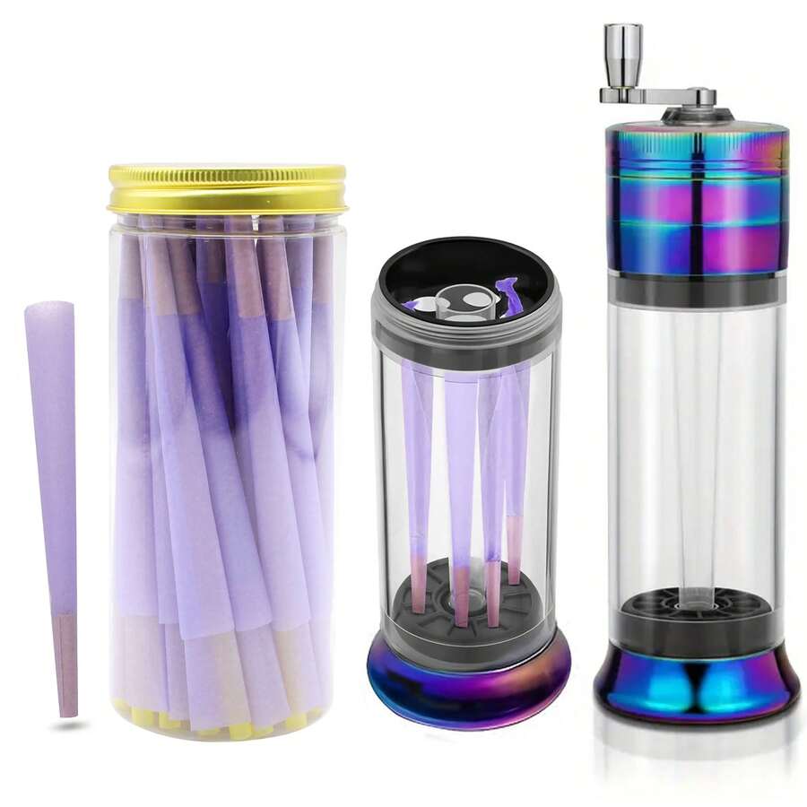 Spice Grinder 3-In-1 With 50pcs Pre-Rolled Cones Set,King Size Pre-Rolled Cones,Slow-Burning,Pre-Rolled Cones For Quick Filling, Grind Storage With Magnetic Cover, Classic Extra Large (110mm) Paper Cylinder For Herbs, Smoking Accessories,Party Supplies. Father's Day Gift. - 彩色 - 查看 1