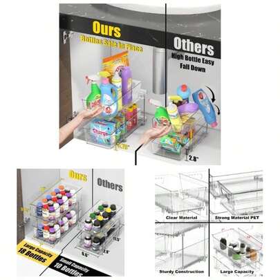 - Organizador extrable para cajones de 2 niveles, paquete de 2, transparente