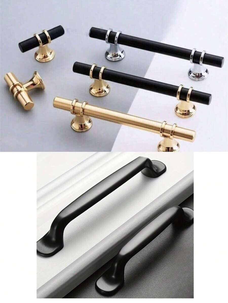1 Stück moderner schwarzer goldener Türgriff, Küchenschrank Griff, massive Schubladenknöpfe, Zinklegierung Basis, Aluminiumlegierung Stange, modische Möbelgriff Hardware - Gold - Übersicht 1