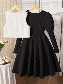 两件套少女罗纹针织长袖连衣裙+双面抓绒上衣套装，秋冬季 - 黑色 - 查看 2