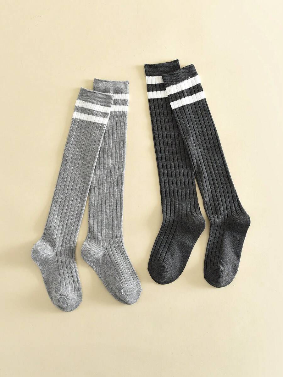 2 pares de calcetines sobre la rodilla a rayas para niños, calcetines largos suaves, cómodos y transpirables para uniformes de fútbol/deportes para adolescentes y niños pequeños - Multicolor - Ver 1