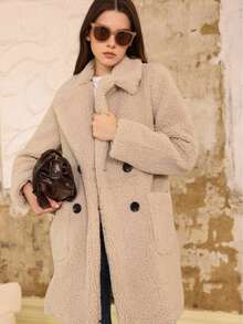 RELISH NOLESS 女士休闲仿皮草双排扣外套，秋冬季 - 杏色 - 查看 6