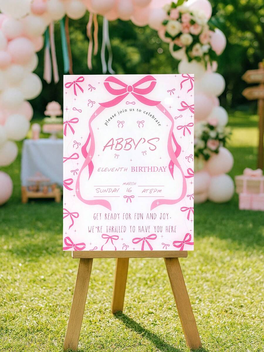 一套定制粉色蝴蝶结生日欢迎牌（含粉色水彩笔），粉色蝴蝶结设计个性化PVC户外花园入口装饰，个性化画板设计，适用于生日派对入口装饰，粉色蝴蝶结一周岁生日欢迎牌，完美适用于公主主题派对、生日装饰 - 蝴蝶結主題 - 查看 1