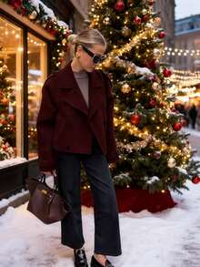 Solid Color Long Sleeve Double-Breasted Casual Coat - Burgundy - View 7