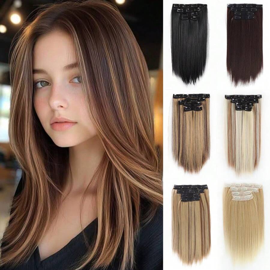 4pcs Invisible Clip-In Hair Extensions, Thickening Highlight Hair Pieces, 14 Inch Straight Short Synthetic Hair Wefts, Women Hair Clips, Hair Accessories - Multicolor - View 1