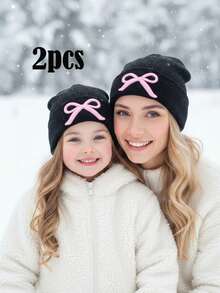 两件套刺绣蝴蝶结针织帽，一顶成人款和一顶儿童款，母女同款保暖针织帽，适合1-6岁儿童，秋冬季 - 2pcs - 查看 15