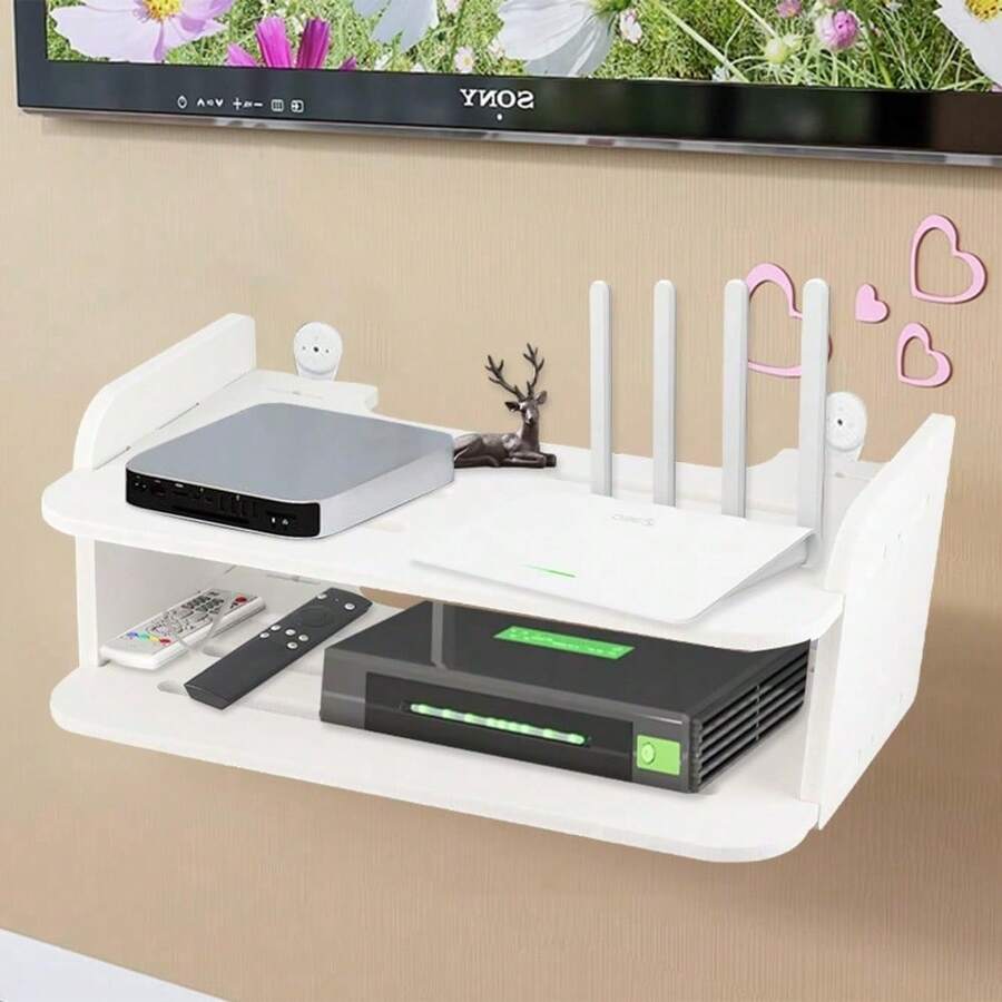WiFi Router Floating Shelves White Wall MProjector, TV, Set-Top Box, Router, Living Room, Bedroom, Bathroom, Wooden Wall-Mounted Stand - Cable Management Storage Rack Shelfount Under TV Shelf 30 X 20 X 15 Cm Set Top Box Stand No Punch Game Console Rack For Living Room Bedroom - White - View 1