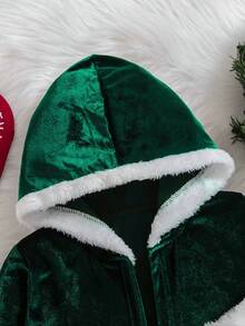 Girls Christmas Plush Set: Hooded Jacket + Sleeveless Dress, Fluffy Trim Decor, Suitable For Holiday Parties & Gatherings, Soft Plush Fabric, Red & White Fluffy Trim Creates Festive Christmas Vibe. Hooded Jacket For Warmth, Sleeveless Dress With Adorable Neckline Design, Autumn/Winter - Green - View 3
