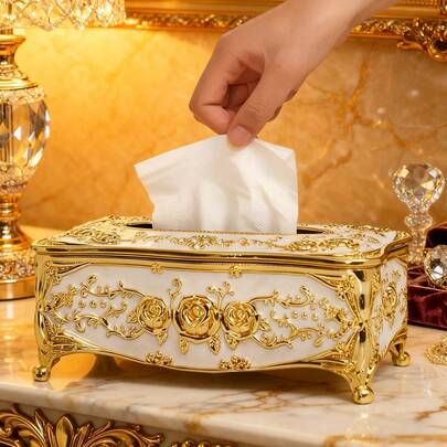 Caja de pañuelos con patrón de flores de rosa, 4 opciones de color. Caja de pañuelos de estilo europeo de lujo con baño de oro, adecuada para sala de estar, baño, tocador, mesita de noche, cocina, hotel, KTV, bar, restaurante, uso doméstico