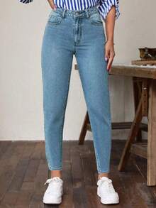 女士修身弹力牛仔裤，蓝色女士牛仔裤，女士长裤，蓝色牛仔裤，秋冬女士牛仔裤，休闲优雅牛仔裤，女士休闲裤 - 藍色 - 查看 2