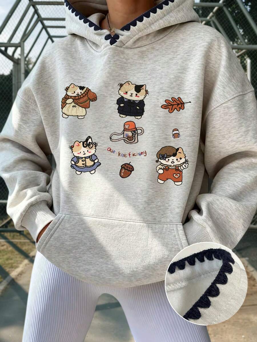 Sudadera con capucha de mujer con bordado de unicolor y estampado de gato, manga larga, otoño/invierno