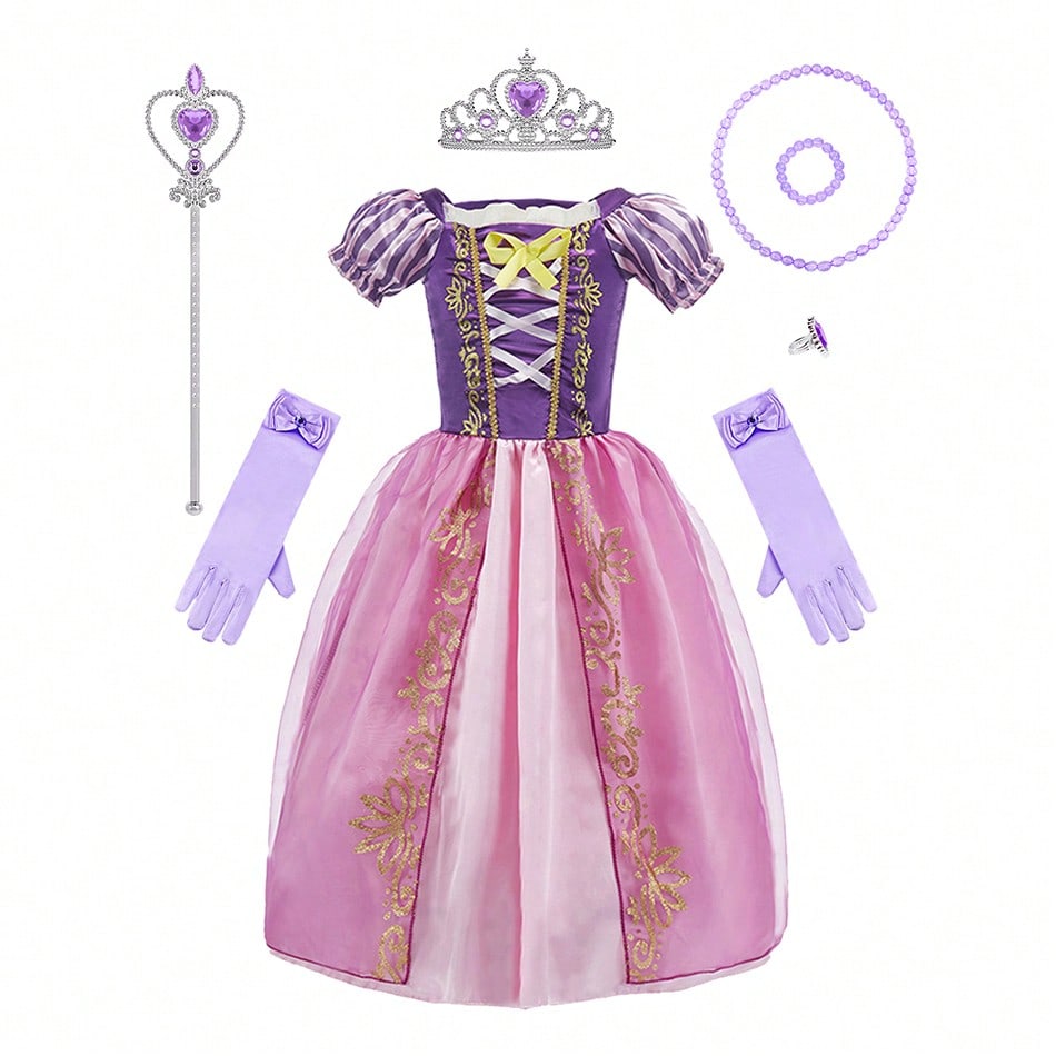 Conjunto de 8 piezas con vestido de manga corta estilo princesa con estampado floral morado y accesorios para niñas, disfraz de lujo para Navidad, Ha