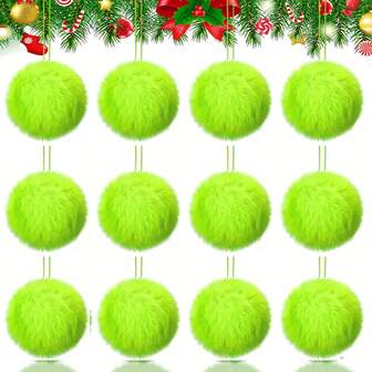 12 Pcs Lime Green Furry Christmas Ball Ornaments For Xmas Tree Green Christmas Hanging Decorations Soft Faux Fur Pom Pom Ball Ornaments For Home Party Supplies Fireplace Mantel Wall Decor Tree Toppers
