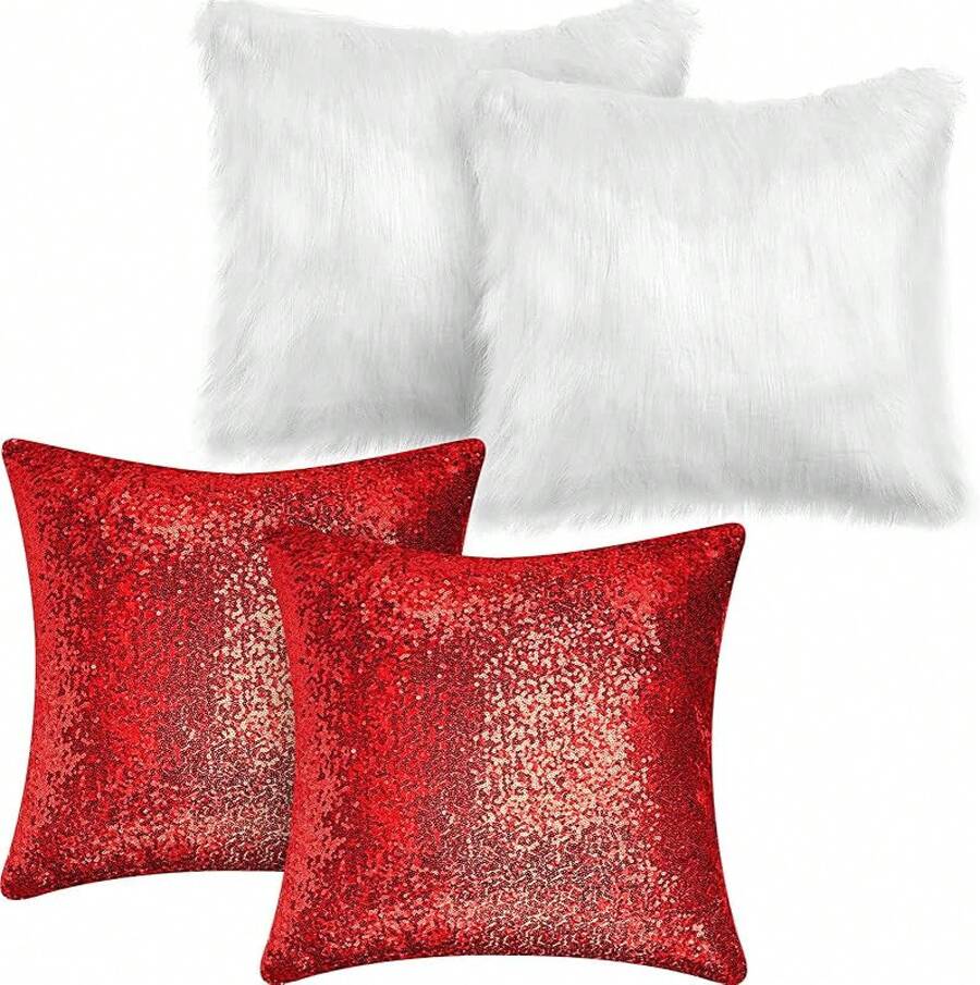 4 Pcs Sequin And Fluffy Pillow Covers Winter Throw Pillow Cases Soft Cushion Cover Couch Bed Sofa (18 X 18 Inch, Pink, White) - 白色,紅色 - 查看 1
