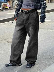 MYOURSA Quần jeans ống rộng cạp cao phong cách Y2K, màu xám đậm, kiểu dáng vintage, thích hợp cho nữ, phong cách đường phố thường ngày. - Màu xám đen - Xem 3