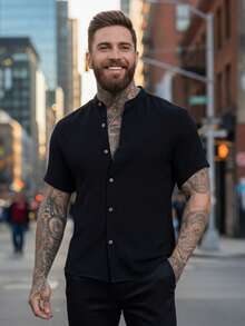 Men's Short Sleeve Priest Collar Shirt – Premium Quality, Perfect Fit, Light And Fresh Fabric, Easy To Iron. - 深色水洗藍 - 查看 1