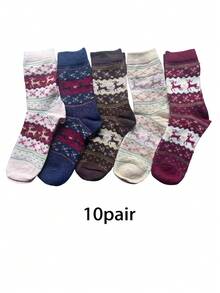 5 Paar bequeme Rentier-Muster Mittellange Socken, Damen Socken - Dicke Weihnachtssocken für Damen, entworfen mit Feiertags-Tiermotiven in Rot, Beige, Braun und Dunkelblau, perfekt für Weihnachtsfeierlichkeiten, die erste Wahl für Weihnachtssocken