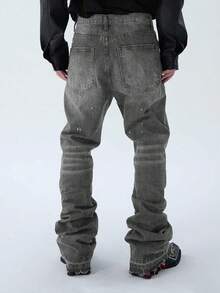 直筒喇叭牛仔裤，百搭时尚水洗牛仔裤，棉质斜插口袋长裤