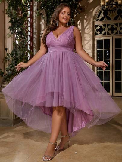 Women Plus Size Elegant Solid Color Elegant Romantic Lace Front Short Back Long Lace Patchwork Zipper Fashion Cocktail Party Dress For Wedding Guest Formal Homecoming Back To School Prom Dress, Suitable For Formal Evening Party, Birthday Party, Graduation Party, Cocktail Party, Wedding Guest, Graduation Dance, Back To School Party, Stage And Concert, Spring Summer Autumn