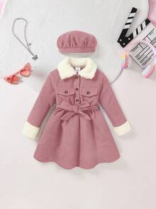 2pcs/Set Baby Girls Casual Fur Collar Long Sleeve Dress + Hat, Spring/Autumn/Winter, Infant Toddler Turndown Collar Button Waist Romper Dress, Elegant Princess Corduroy Dress Suitable For 0-1-2-3 Years Old, 6-9 Months, Outdoor, Casual, Party, Holiday Gift - 粉色 - 查看 1