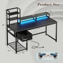 43.3"W/55'W  Computer Gaming Desk With LED Lights & USB Power Strip Home Office Desk With Drawer, Adjustable Storage Shelves & Monitor Stand For Work/Study/Gaming - 黑色 - 查看 12