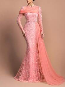 女士优雅长袖圆领串珠长款晚礼服 - 珍珠点缀领口，不对称雪纺垂褶和修身鱼尾裙摆 | 完美适用于正式派对、盛会和婚礼 | 搭配璀璨珠宝和细带高跟鞋 - 珊瑚橙 - 查看 7