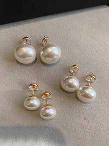 3对复古简约优雅仿珍珠耳钉套装，时尚轻盈，适合女性日常及节日佩戴 - 白色 - 查看 2
