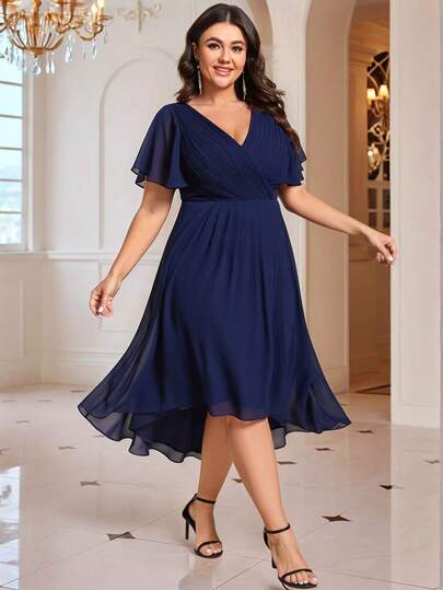 Plus Size Women Double V-Neck Ruffles Sleeve A-Line Chiffon Midi Wedding Guest Dress, Bridesmaid Dress
