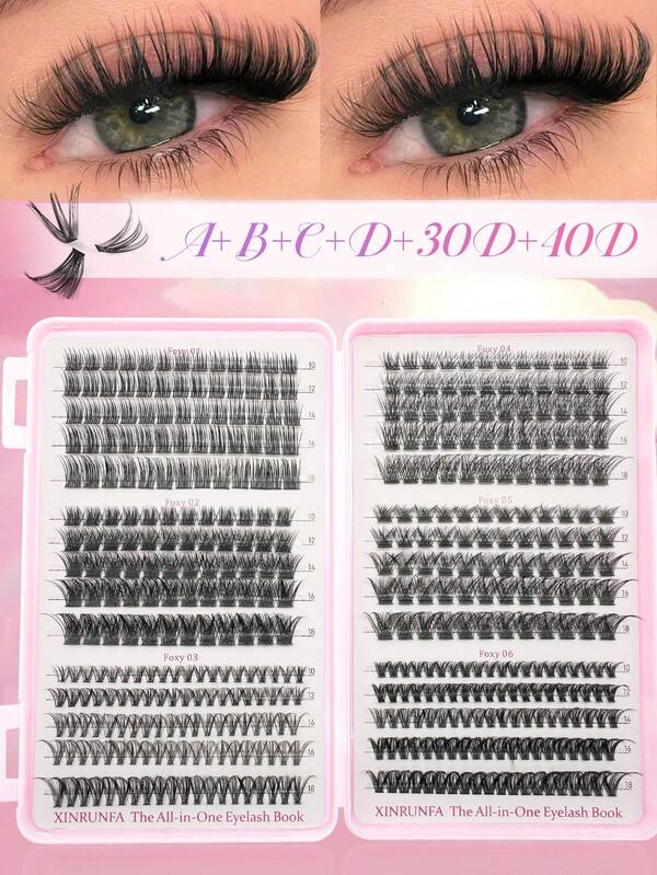 Large-Capacity Lash Clusters Kit, 445 Pcs Eyelashes Clusters Extensions Kit 10-18mm Individual Lashes D Curl Fluffy Wispy False Eyelashes DIY (A+B+C+D+30D+40D Kit 10-18mm)