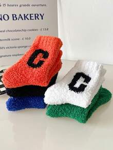 3 pares de calcetines de felpa coral para mujer, con diseños de letras y deportes, cálidos y cómodos, sin desprendimiento, aptos para dormir y usar en casa, otoño/invierno, calcetines acogedores - Multicolor - Ver 2
