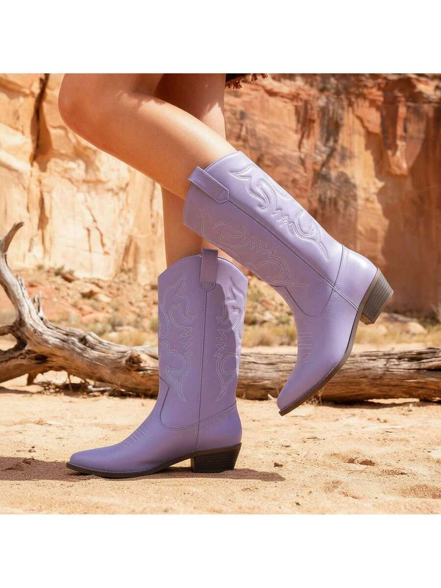 Lurnyet Cowboy Boots For Women Cowgirl Western Boots Fashion Embroidery Stitched Chunky Heel Mid Calf Boots WACOW-2 - 薰衣草 - 查看 1