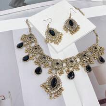 Retro Hollow Out Jewellery Set Traditional Bridal Choker Necklace Earring Women Bollywood Statement Boho Exaggerated Antique Oxidized Beads Tassel Classic Wedding Party - 黑色 - 查看 3