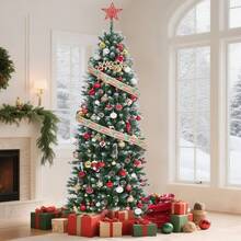2.7 m Verde Árbol de Navidad Artificial Delgado Iluminado con Soporte Metálico para Decoración Navideña de Casa Fiesta Oficina - Verde - Ver 6