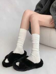 Tất cao đến đùi phong cách dễ thương cho nữ mùa thu/đông, màu trơn đen trắng cơ bản, thích hợp với bốt cao đến đầu gối/giày bệt, tạo phong cách lười biếng, món đồ mặc ngoài thiết yếu, tất ấm áp - Nhiều màu - Xem 4