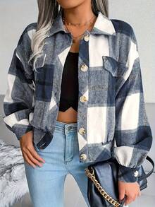 Plus Size Women's Plaid Print Button Jacket - Blue - View 1