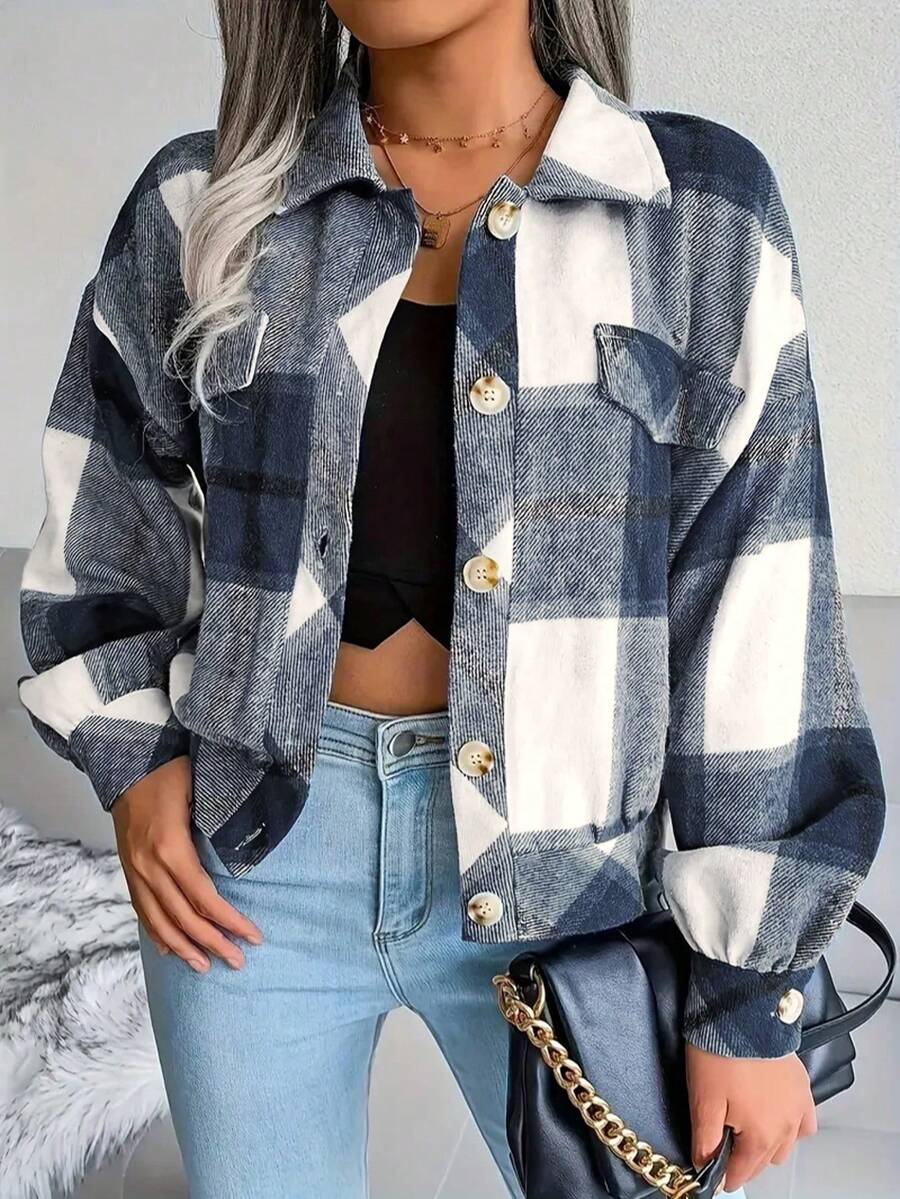 Plus Size Women's Plaid Print Button Jacket - Blue - View 1