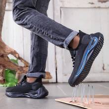 Zapatos con punta de acero, de unicolor, estilo cargo con cordones, versión brillante, zapatos de , para exteriores, para todas las estaciones, zapatos para sitios de construcción, anti-perforación, anti-aplastamiento, unisex - Negro - Ver 3