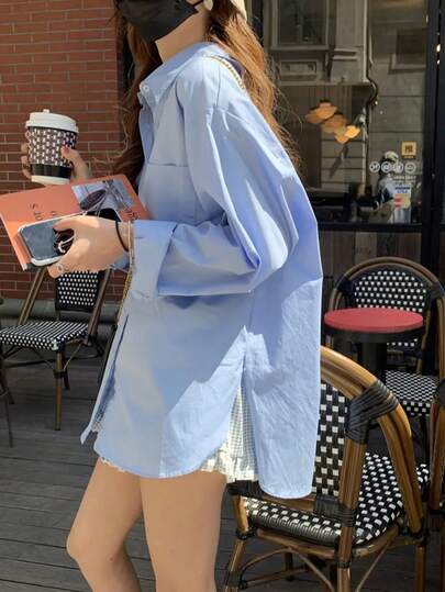 2025 New Loose Blue Shirt Women, Unique Design Jacket Blouse, Spring Autumn Layering Long Sleeve Top