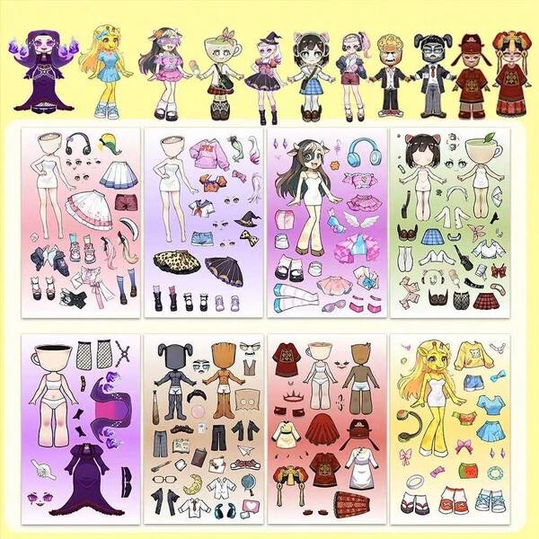 Un conjunto de 8 pegatinas de cambio de disfraz de princesa de personajes únicos y divertidos de Shan Hai Jing (Clásico de Montañas y Mares), juguetes de rompecabezas de emparejamiento DIY, material de descompresión DIY, libros de pegatinas tranquilos, perfectos para interacciones familiares, escolares, educativas y de entretenimiento, regalos de cumpleaños para amigos y novias, regalos de decoración de fiestas y pequeños regalos