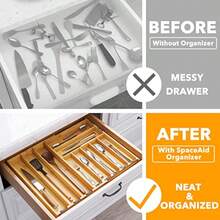 TFKI Bamboo Silverware Drawer Organizer With Labels Kitchen Utensil Expandable Tray Holder Organizer For Flatware Cutlery Spoon And Knives Drawer Storage Organization Natural 10 Slots - tự nhiên - Xem 2