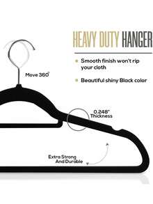 10/20入組豪華黑色絨面防滑衣架,超薄節省空間,重型旋轉黑色掛鉤適用於衣物,西裝,上衣,領帶,襯衫,裙子和褲子收納