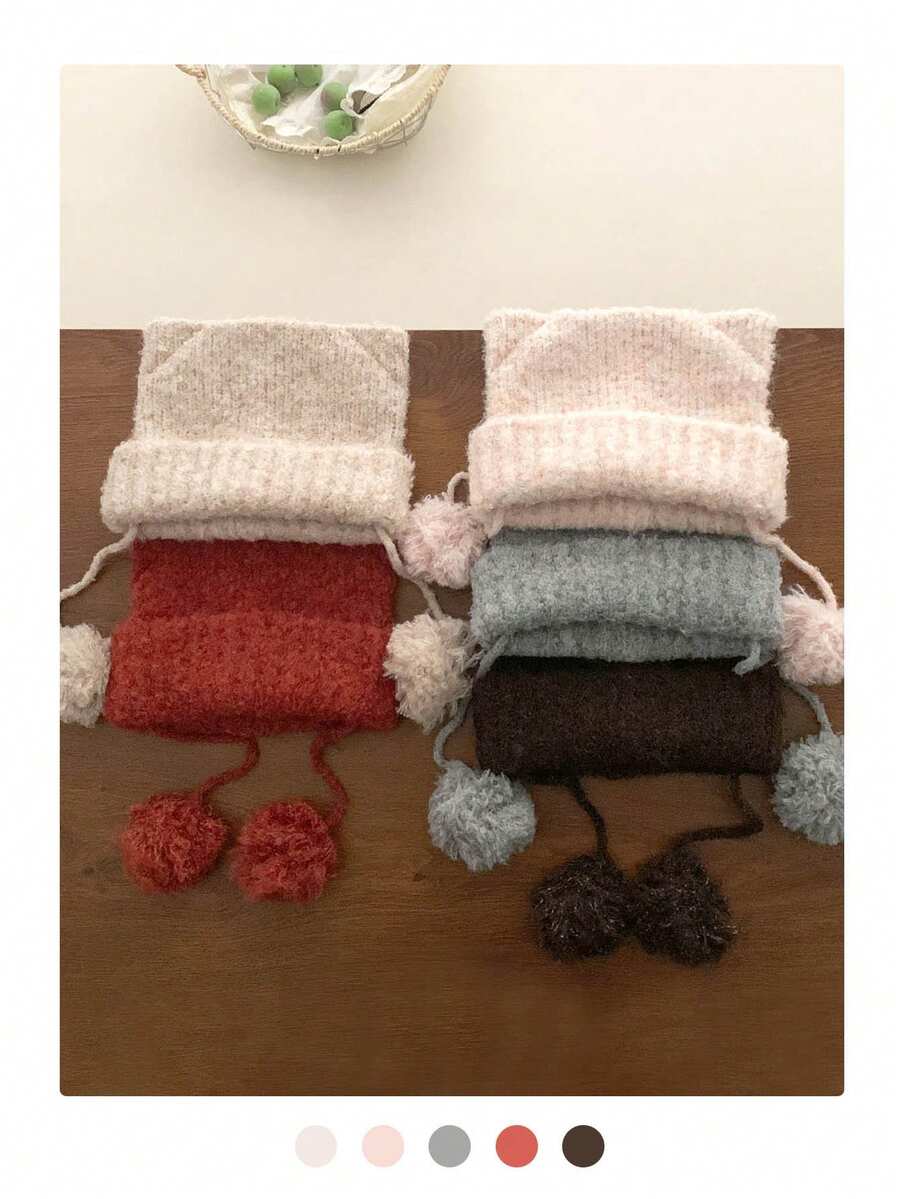 可爱毛球猫耳针织帽，带毛球抽绳，帽檐可折叠，保暖舒适。 - 貓耳朵毛球 - 查看 1