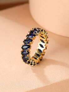 1枚设计师款小众蓝宝石马眼形切割锆石镀金女士戒指，百搭派对首饰，节日礼物 - 寶藍色 - 查看 7