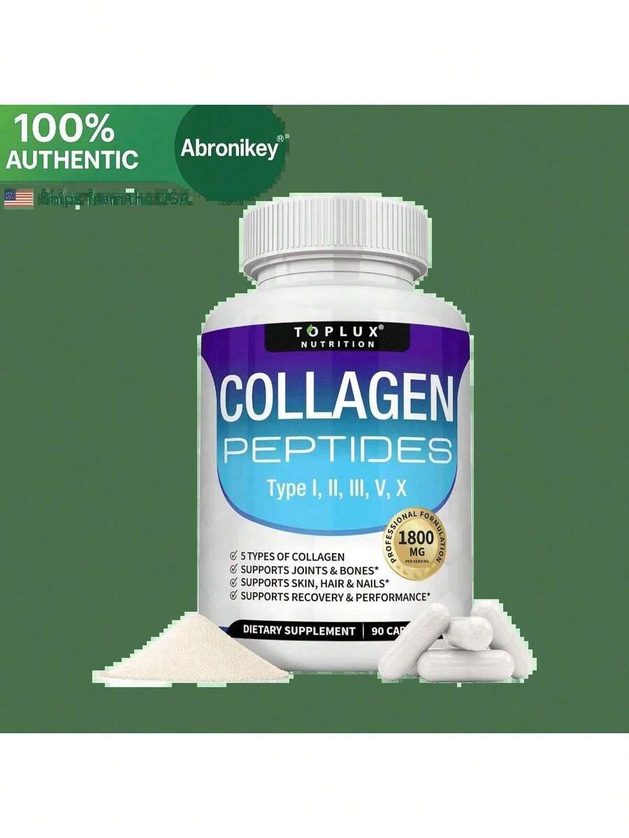 Bestseller! Toplux Multi Collagen Peptides – 1800mg Hydrolyzed Collagen Complex With Types I, II, III, V, X|   Supports Skin, Hair & Joints|   Keto-Friendly, Non-GMO – 90 Capsules.Supplement Vitamin,Free Shipping. - 1 Bottle - View 1